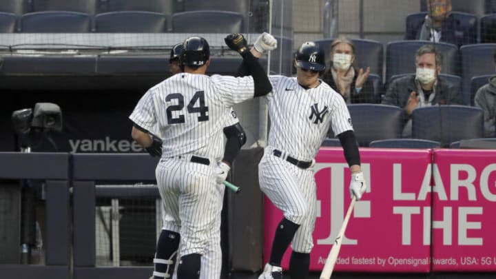 NEW YORK, NEW YORK - MAY 07: (NEW YORK DAILIES OUT) Gary Sanchez #24 of the New York Yankees celebrates his home run against the Washington Nationals with teammate Clint Frazier #77 at Yankee Stadium on May 07, 2021 in New York City. The Nationals defeated the Yankees 11-4. (Photo by Jim McIsaac/Getty Images)