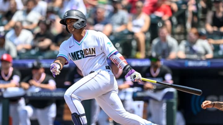 DENVER, CO - JULY 11: Jasson Dominguez #25 of American League Futures Team bats against the National League Futures Team at Coors Field on July 11, 2021 in Denver, Colorado.(Photo by Dustin Bradford/Getty Images) DENVER, CO - JULY 11: Jasson Dominguez #25 of American League Futures Team bats against the National League Futures Team at Coors Field on July 11, 2021 in Denver, Colorado.(Photo by Dustin Bradford/Getty Images)