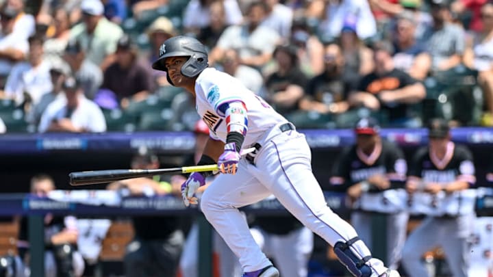 DENVER, CO - JULY 11: Jasson Dominguez #25 of American League Futures Team bats against the National League Futures Team at Coors Field on July 11, 2021 in Denver, Colorado.(Photo by Dustin Bradford/Getty Images)