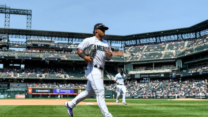 DENVER, CO - JULY 11: Jasson Dominguez #25 of American League Futures Team returns to the dugout after playing defense against the National League Futures Team at Coors Field on July 11, 2021 in Denver, Colorado.(Photo by Dustin Bradford/Getty Images)