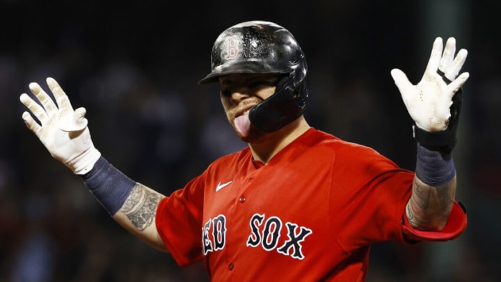 BOSTON, MA - JUNE 25: Christian Vazquez #7 of the Boston Red Sox reacts towards his dugout after hitting an RBI single against the New York Yankees during the eighth inning at Fenway Park on June 25, 2021 in Boston, Massachusetts. (Photo By Winslow Townson/Getty Images)
