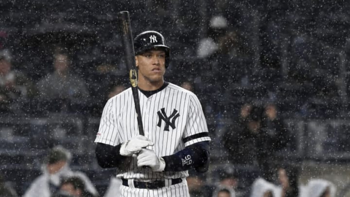 NEW YORK, NEW YORK - APRIL 12: Aaron Judge #99 of the New York Yankees bats in the rain during the sixth inning of the game against the Chicago White Sox at Yankee Stadium on April 12, 2019 in the Bronx borough of New York City. (Photo by Sarah Stier/Getty Images)