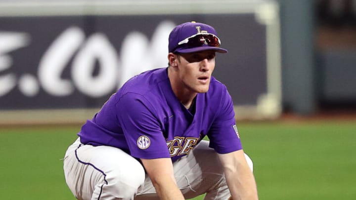 HOUSTON, TEXAS - MARCH 05: Jacob Berry #14 of the LSU Tigers against the Texas Longhorns during the Shriners Children's College Classic at Minute Maid Park on March 05, 2022 in Houston, Texas. (Photo by Bob Levey/Getty Images)