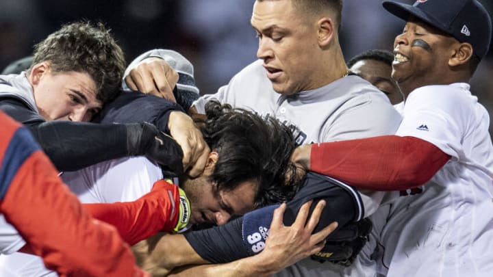 BOSTON, MA - APRIL 11: Aaron Judge #99 of the New York Yankees fights with Joe Kelly #46 of the Boston Red Sox after Tyler Austin #26 was hit by a pitch during the seventh inning of a game on April 11, 2018 at Fenway Park in Boston, Massachusetts. The play led to a benches clearing argument. (Photo by Billie Weiss/Boston Red Sox/Getty Images)