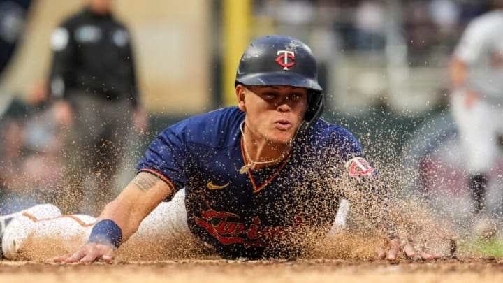 MINNEAPOLIS, MN - MAY 24: Gio Urshela #15 of the Minnesota Twins slides against the Detroit Tigers on May 24, 2022 at Target Field in Minneapolis, Minnesota. (Photo by Brace Hemmelgarn/Minnesota Twins/Getty Images)