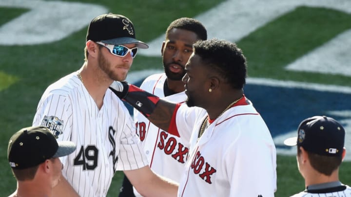 SAN DIEGO, CA - JULY 12: David Ortiz #34 of the Boston Red Sox talks with Chris Sale #49 of the Chicago White Sox during the 87th Annual MLB All-Star Game at PETCO Park on July 12, 2016 in San Diego, California. (Photo by Denis Poroy/Getty Images)