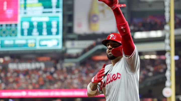 HOUSTON, TEXAS - OCTOBER 28: Nick Castellanos #8 of the Philadelphia Phillies celebrates after scoring a run in the fourth inning against the Houston Astros in Game One of the 2022 World Series at Minute Maid Park on October 28, 2022 in Houston, Texas. (Photo by Carmen Mandato/Getty Images)