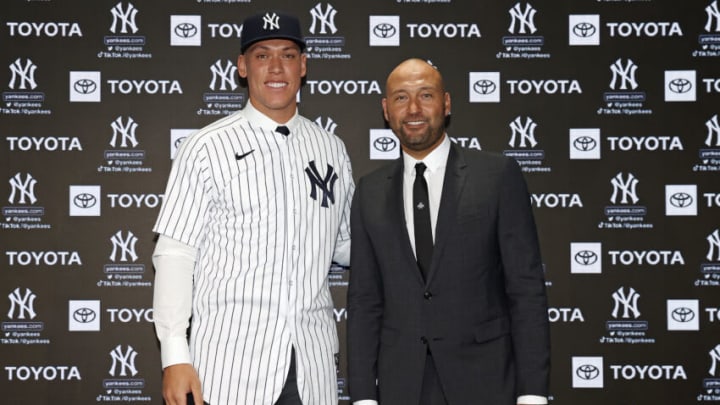 NEW YORK, NY - DECEMBER 21: Aaron Judge #99 of the New York Yankees poses for a photo with Derek Jeter during a press conference at Yankee Stadium on December 21, 2022 in the Bronx, New York. (Photo by New York Yankees/Getty Images)