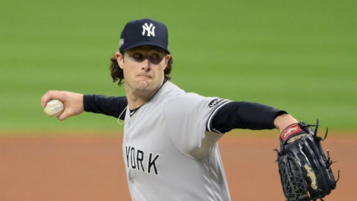 Sep 29, 2020; Cleveland, Ohio, USA; New York Yankees starting pitcher Gerrit Cole (45) delivers against the Cleveland Indians in the first inning at Progressive Field. Mandatory Credit: David Richard-USA TODAY Sports