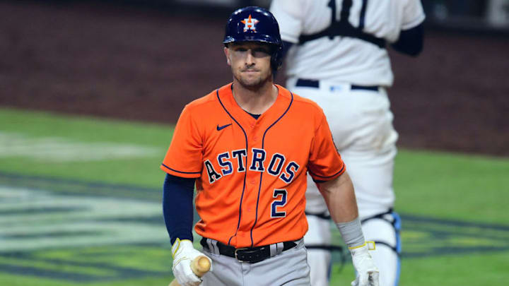Oct 17, 2020; San Diego, California, USA; Houston Astros third baseman Alex Bregman (2) strikes out against the Tampa Bay Rays during the eighth inning in game seven of the 2020 ALCS at Petco Park. Mandatory Credit: Jayne Kamin-Oncea-USA TODAY Sports