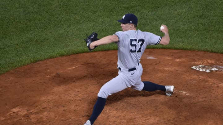 Jul 22, 2021; Boston, Massachusetts, USA; New York Yankees relief pitcher Chad Green (57) pitches during the ninth inning against the Boston Red Sox at Fenway Park. Mandatory Credit: Bob DeChiara-USA TODAY Sports