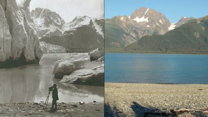 Left: Muir Glacier Melt, Alaska, 1891 (G.D. Hazard). Right: 2005 (Bruce F. Molnia). Images courtesy of the Glacier Photograph Collection and the National Snow and Ice Data Center