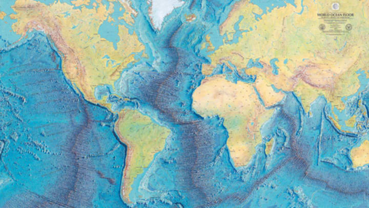 WORLD OCEAN FLOOR PANORAMA, BRUCE C. HEEZEN AND MARIE THARP, 1977. COPYRIGHT BY MARIE THARP 1977/2003. REPRODUCED BY PERMISSION OF MARIE THARP MAPS, LLC 8 EDWARD STREET, SPARKILL, NEW YORK 10976