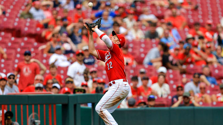Cincinnati Reds' Brandon Drury catches a ball hit by St. Louis Cardinals' Nolan Gorman for an out during the ninth inning of a baseball game in Cincinnati, Sunday, July 24, 2022. (AP Photo/Aaron Doster) Cincinnati Reds' Brandon Drury catches a ball hit by St. Louis Cardinals' Nolan Gorman for an out during the ninth inning of a baseball game in Cincinnati, Sunday, July 24, 2022. (AP Photo/Aaron Doster)