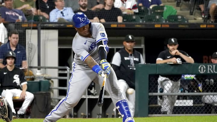 Kansas City Royals' Salvador Perez slaps an RBI single off Chicago White Sox starting pitcher Lucas Giolito during the fifth inning of a baseball game Tuesday, Aug. 30, 2022, in Chicago. (AP Photo/Charles Rex Arbogast) Kansas City Royals' Salvador Perez slaps an RBI single off Chicago White Sox starting pitcher Lucas Giolito during the fifth inning of a baseball game Tuesday, Aug. 30, 2022, in Chicago. (AP Photo/Charles Rex Arbogast)