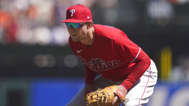 Philadelphia Phillies' Rhys Hoskins during a baseball game against the San Francisco Giants in San Francisco, Sunday, Sept. 4, 2022. (AP Photo/Jeff Chiu) Philadelphia Phillies' Rhys Hoskins during a baseball game against the San Francisco Giants in San Francisco, Sunday, Sept. 4, 2022. (AP Photo/Jeff Chiu)
