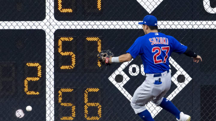 Chicago Cubs right fielder Seiya Suzuki chases a double by Philadelphia Phillies' Rhys Hoskins during the third inning of a baseball game Friday, July 22, 2022, in Philadelphia. (AP Photo/Laurence Kesterson) Chicago Cubs right fielder Seiya Suzuki chases a double by Philadelphia Phillies' Rhys Hoskins during the third inning of a baseball game Friday, July 22, 2022, in Philadelphia. (AP Photo/Laurence Kesterson)