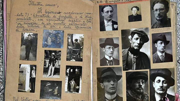 Pictures of disguises in Dosi’s scrapbook via Getty Images