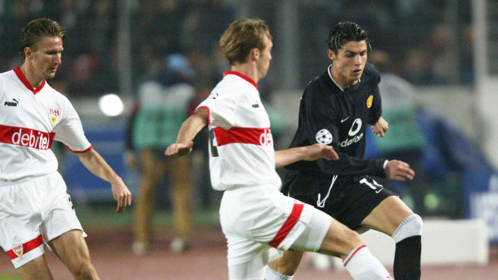 Cristiano Ronaldo takes on Andreas Hinkel