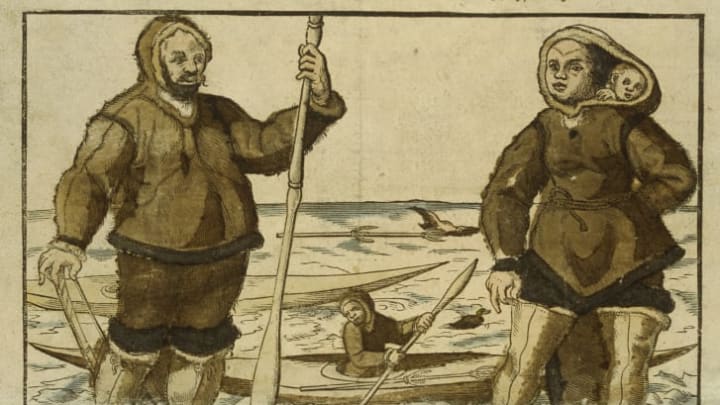 This 16th-century drawing depicts Kalicho, Arnaq, and Nutaaq (in Arnaq's hood) after they arrived in England.