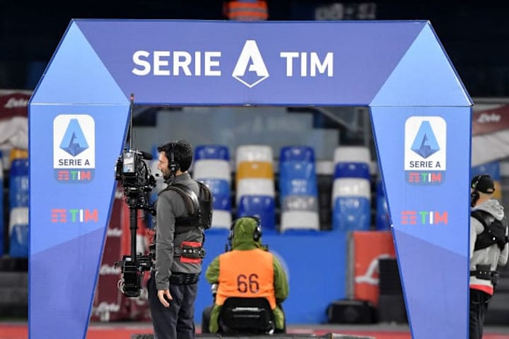 A cameraman stands in front of the Serie A setup during the...