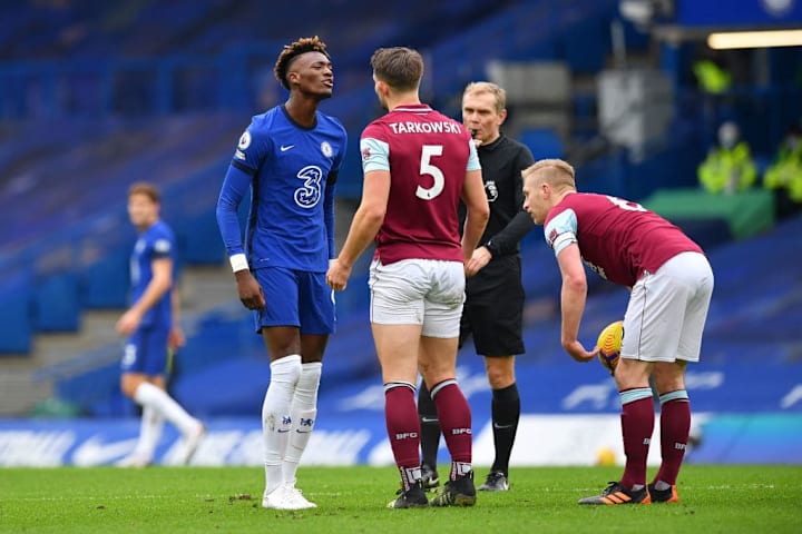 James Tarkowski having words with Tammy Abraham 