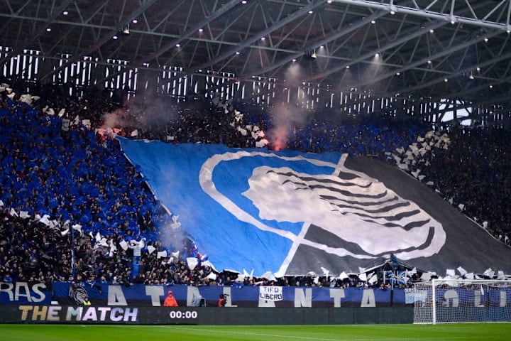 Fans of Atalanta BC show their support prior to the Serie A...