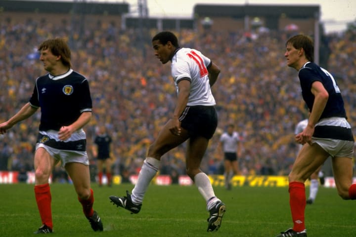 Gordon Strachan of Scotland, John Barnes of England and Richard Gough of Scotland