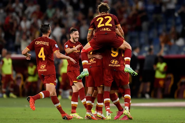 Henrikh Mkhitaryan of AS Roma celebrates with team mates...