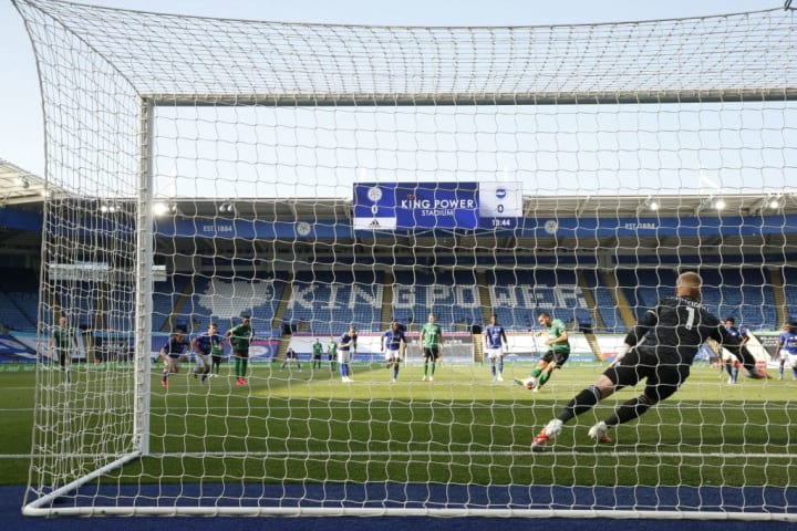 Schmeichel saves Neal Maupay's penalty