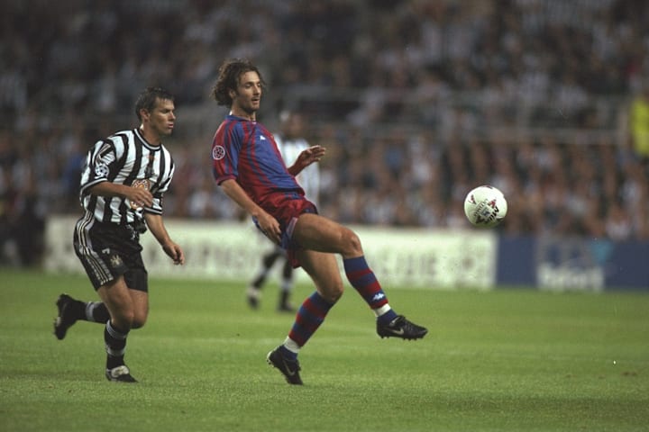 Robert Lee of Newcastle and Christophe Dugarry of Barcelona