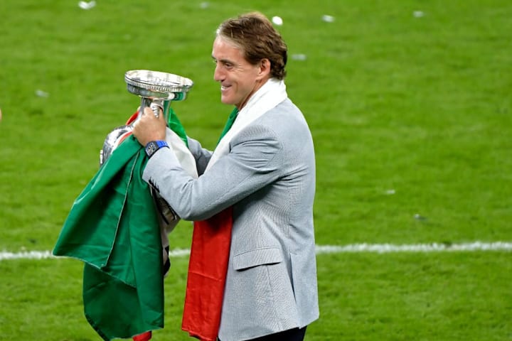 Roberto Mancini coach of Italy celebrates with the trophy at...