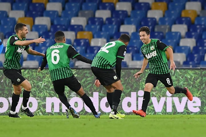 L'esultanza del Sassuolo a Napoli