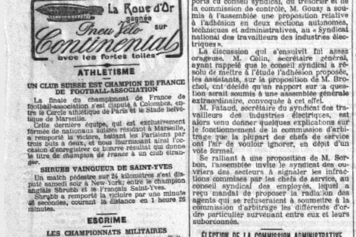 Article de presse annonçant, en tout petit, le titre de champion de France de Football 1909, dans la catégorie "Athlétisme"...
