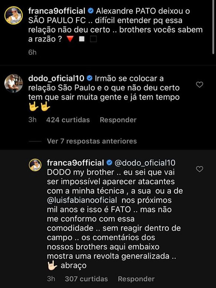França e Dodô trocaram mensagens sobre o São Paulo em rede social