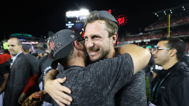 WASHINGTON, DC - OCTOBER 15: Max Scherzer #31 of the Washington Nationals celebrates winning game four and the National League Championship Series against the St. Louis Cardinals at Nationals Park on October 15, 2019 in Washington, DC. (Photo by Rob Carr/Getty Images)