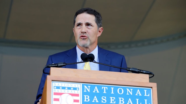 COOPERSTOWN, NY - JULY 21: Inductee Mike Mussina speaks during the 2019 Hall of Fame Induction Ceremony at the National Baseball Hall of Fame on Sunday July 21, 2019 in Cooperstown, New York. (Photo by Alex Trautwig/MLB Photos via Getty Images)