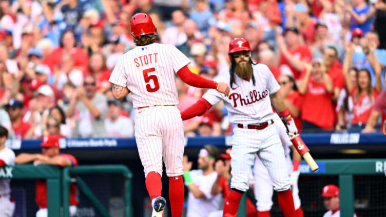 Jun 30, 2023; Philadelphia, Pennsylvania, USA; Philadelphia Phillies second baseman Bryson Stott (5) crosses the plate to score against the Washington Nationals in the second inning at Citizens Bank Park. Mandatory Credit: Kyle Ross-USA TODAY Sports