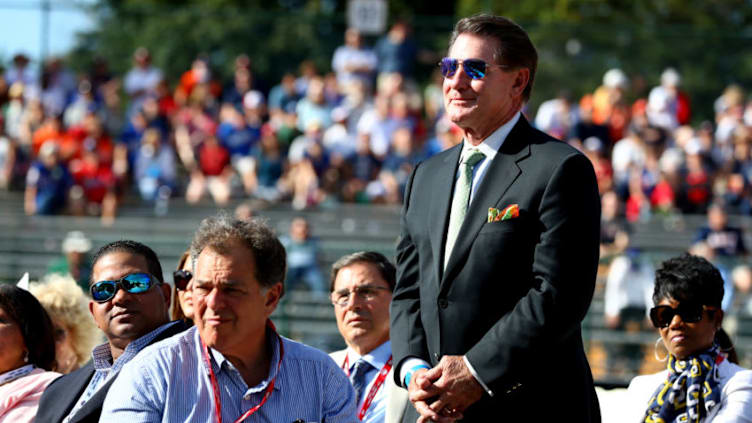 COOPERSTOWN, NY - JULY 29: Former player Steve Garvey stands after being acknowledged by Claire Smith during her speech after being awarded the J.G. Taylor Spink Award during the 2017 Hall of Fame Awards Presentation on Doubleday Field at the National Baseball Hall of Fame on Saturday July 29, 2017 in Cooperstown, New York. (Photo by Alex Trautwig/MLB via Getty Images)