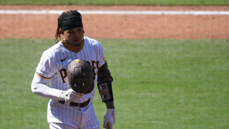 Apr 7, 2021; San Diego, California, USA; San Diego Padres catcher Luis Campusano (21) reacts after striking out against the San Francisco Giants during the sixth inning at Petco Park. Mandatory Credit: Orlando Ramirez-USA TODAY Sports