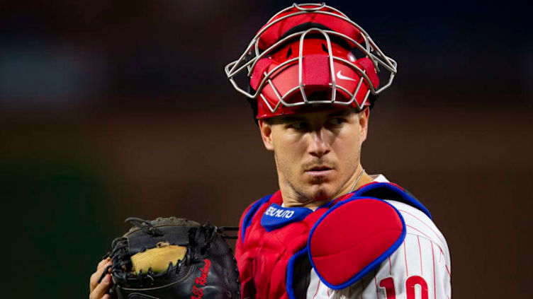 PHILADELPHIA, PA - AUGUST 30: J.T. Realmuto #10 of the Philadelphia Phillies looks on against the New York Mets at Citizens Bank Park on August 30, 2019 in Philadelphia, Pennsylvania. (Photo by Mitchell Leff/Getty Images)