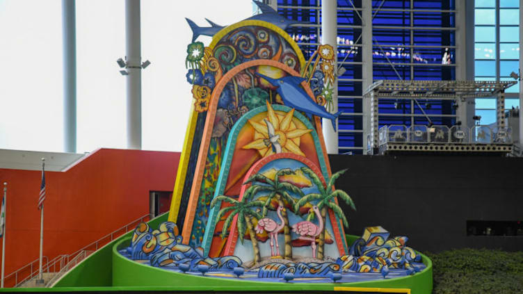 MIAMI, FL - MARCH 29: A detailed view of the Marlins home run sculpture in centerfield before Opening Day between the Miami Marlins and the Chicago Cubs at Marlins Park on March 29, 2018 in Miami, Florida. (Photo by Mark Brown/Getty Images)