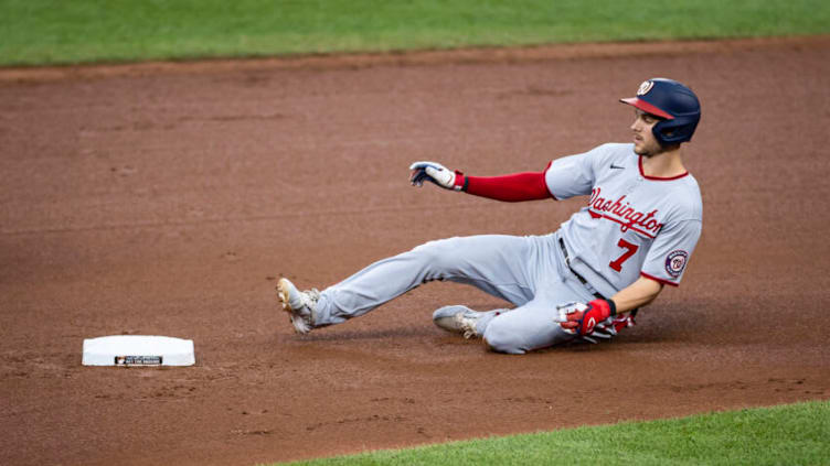 Jul 24, 2021; Baltimore, Maryland, USA; Washington Nationals shortstop Trea Turner (7) slides into second base during the game against the Baltimore Orioles at Oriole Park at Camden Yards. Mandatory Credit: Scott Taetsch-USA TODAY Sports