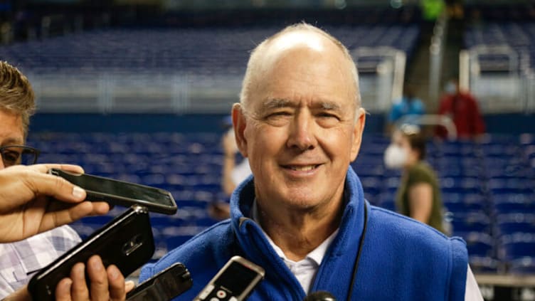 Sep 7, 2021; Miami, Florida, USA; New York Mets team president Sandy Alderson speaks to reporters prior the game between the New York Mets and the Miami Marlins at loanDepot Park. Mandatory Credit: Sam Navarro-USA TODAY Sports