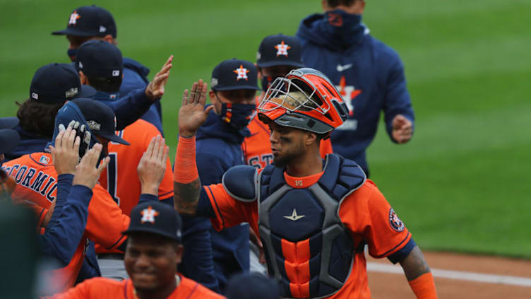 MINNEAPOLIS, MN - SEPTEMBER 29: Martin Maldonado #15 of the Houston Astros celebrates a win against the Minnesota Twins during game one of the American League Wildcard series at Target Field on September 29, 2020 in Minneapolis, Minnesota. The Houston Astros defeated the Minnesota Twins 4-1.(Photo by Adam Bettcher/Getty Images)