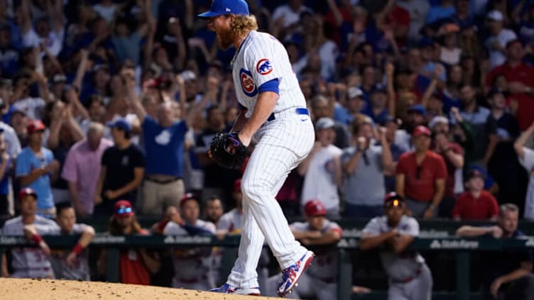 Jun 13, 2021; Chicago, Illinois, USA; Chicago Cubs relief pitcher Craig Kimbrel (46) celebrates after getting the final out against the St. Louis Cardinals at Wrigley Field. Mandatory Credit: David Banks-USA TODAY Sports