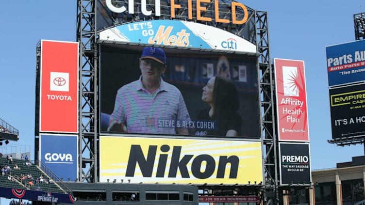 Apr 8, 2021; New York City, New York, USA; A message from New York Mets owners Steve Cohen and his wife Alex is played on the video board before an opening day game against the Miami Marlins at Citi Field. Mandatory Credit: Brad Penner-USA TODAY Sports