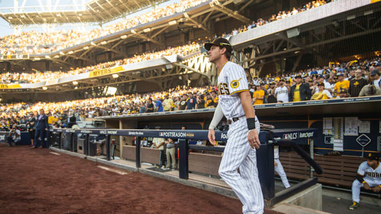 SAN DIEGO, CALIFORNIA - OCTOBER 18: Wil Myers #5 of the San Diego Padres takes the field during the player introduction before Game One of the National League Championship Series against the Philadelphia Phillies at PETCO Park on October 19, 2022 in San Diego, California. (Photo by Matt Thomas/San Diego Padres/Getty Images)