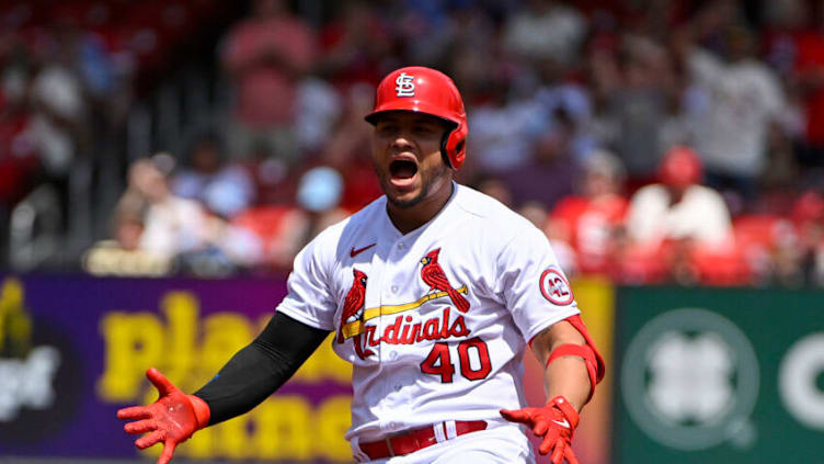 Apr 19, 2023; St. Louis, Missouri, USA; St. Louis Cardinals designated hitter Willson Contreras (40) reacts after hitting a one run double against the Arizona Diamondbacks during the first inning at Busch Stadium. Mandatory Credit: Jeff Curry-USA TODAY Sports