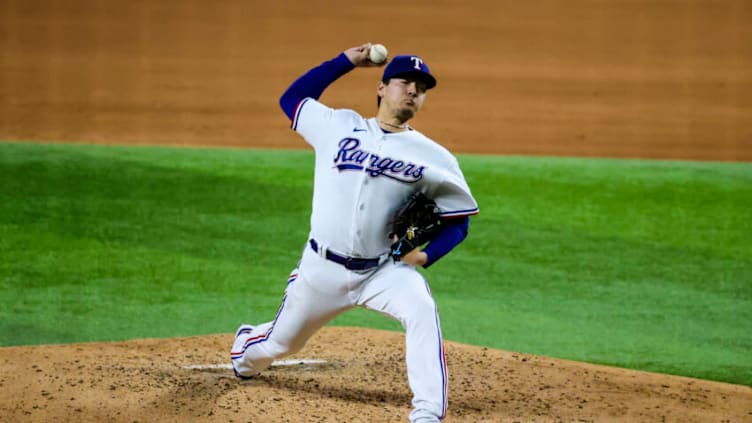 Sep 15, 2021; Arlington, Texas, USA; Texas Rangers starting pitcher Kohei Arihara (35) throws during the fifth inning against the Houston Astros at Globe Life Field. Mandatory Credit: Kevin Jairaj-USA TODAY Sports